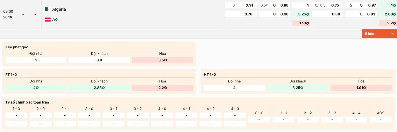 Tỷ lệ kèo World Cup 2026 trận Algeria vs Áo bảng J tại Keonhacai55.party