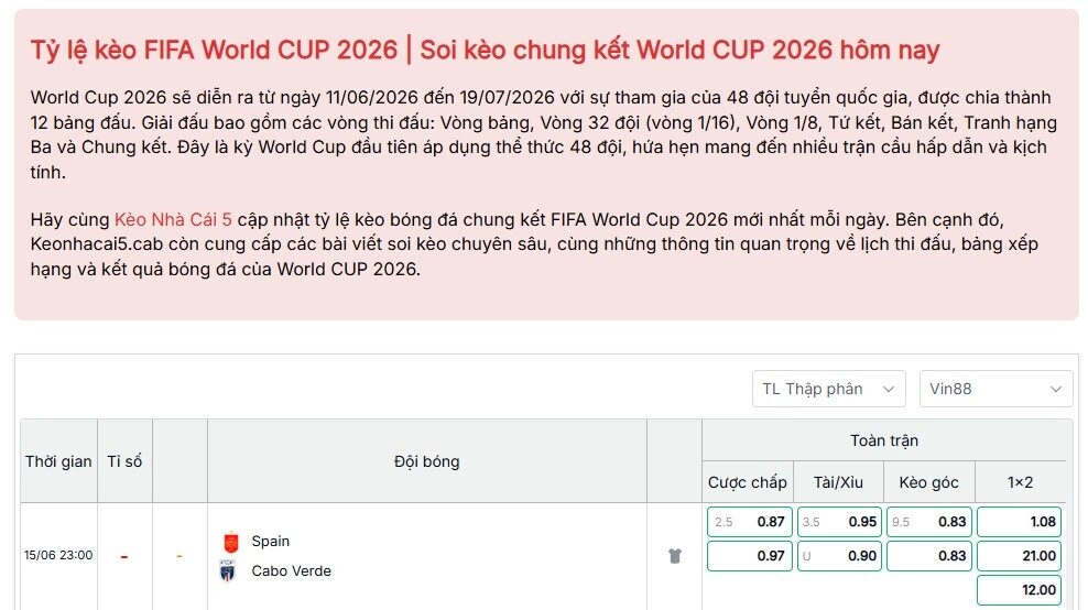 Tỷ lệ kèo World Cup 2026 giữa Tây Ban Nha vs Cape Verde tại bảng H